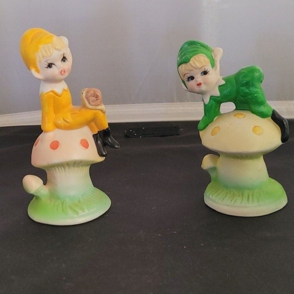 Green Elf and Gold Pixie sitting on Mushrooms 2 VTG 50s  Ceramic Figurines